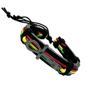 Rasta Ankh Bracelet - Adjustable Black Leather with Silver Tone Charm & Rastacords for Men Women - Unisex Fashion Accessory with Red Yellow Green Cords