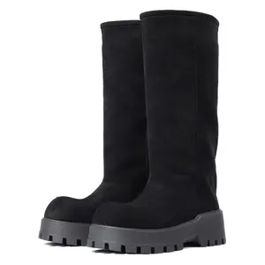 Womens Faux Suede Knee High Boots Round Toe Chunky Platform Heel Wide Calf Pull On Comfy Fashionable Classic Holiday Party Outing Dress Spring Hippy Boot