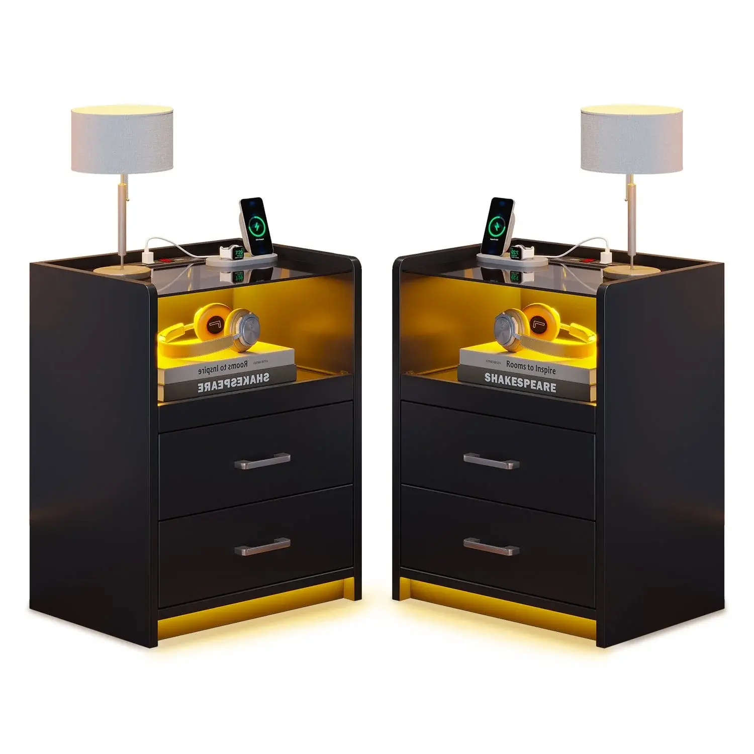 Sikaic 2-Piece LED Smart Nightstand Bedside Table Set - Black, 2-Drawer Stylish Bedside Table with Charging Station, USB Ports & Outlets, 13.6"d x 17.7"w x 23.6"h for Bedroom Furniture