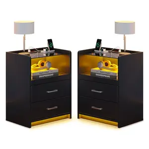 Sikaic 2 Pack LED Nightstand with 2 Storage Drawers  Modern Bedside Table with Charging Station and Open Storage Space