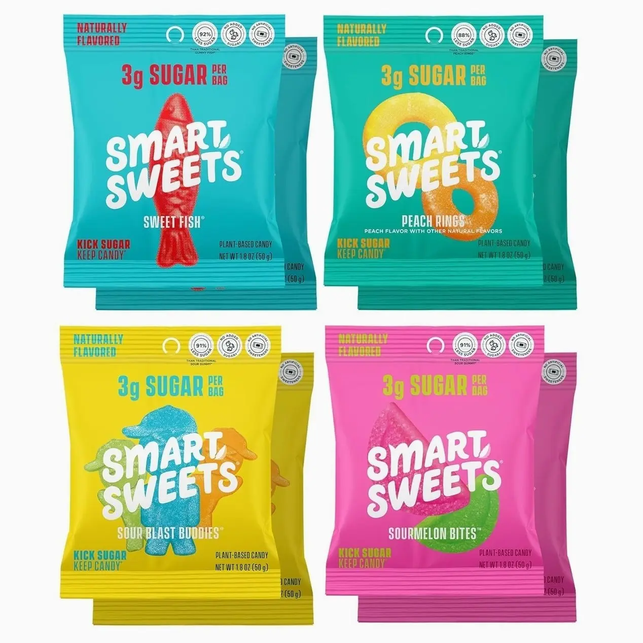 SmartSweets Variety Pack, Gluten Free Gummies, Plant Based Snacks for Adults & Kids, Chewy Candy, Low Sugar, Includes Sweet Fish, Sourmelon Bites, Peach Rings & Sour Blast Buddies, 50g Bags, 8 Pack