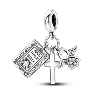MULA 925 Silver-plated Bible Cross Pendant | Inspirational Religious Jewelry | Angel and Zircon Decoration | Suitable for Pandora Bracelets and Necklaces | Perfect Gift for Women and Girls