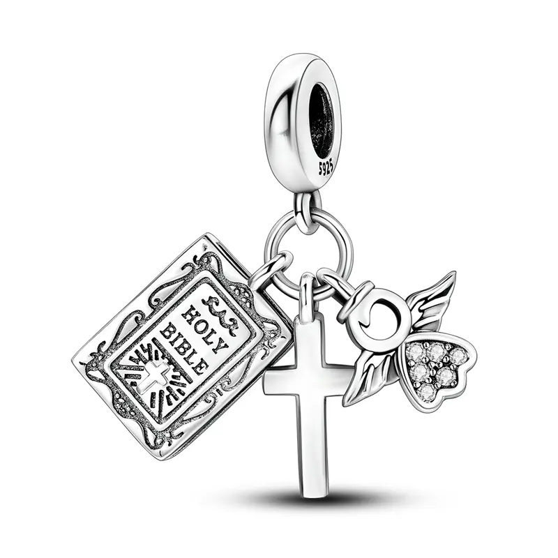 MULA Silver-Plated Hypoallergenic Bible Motif Cross Pendant - Angel Detail, Zircon Decor, Unisex Charm for Cross Necklace Women, Daily Wear Jewelry for Bracelets