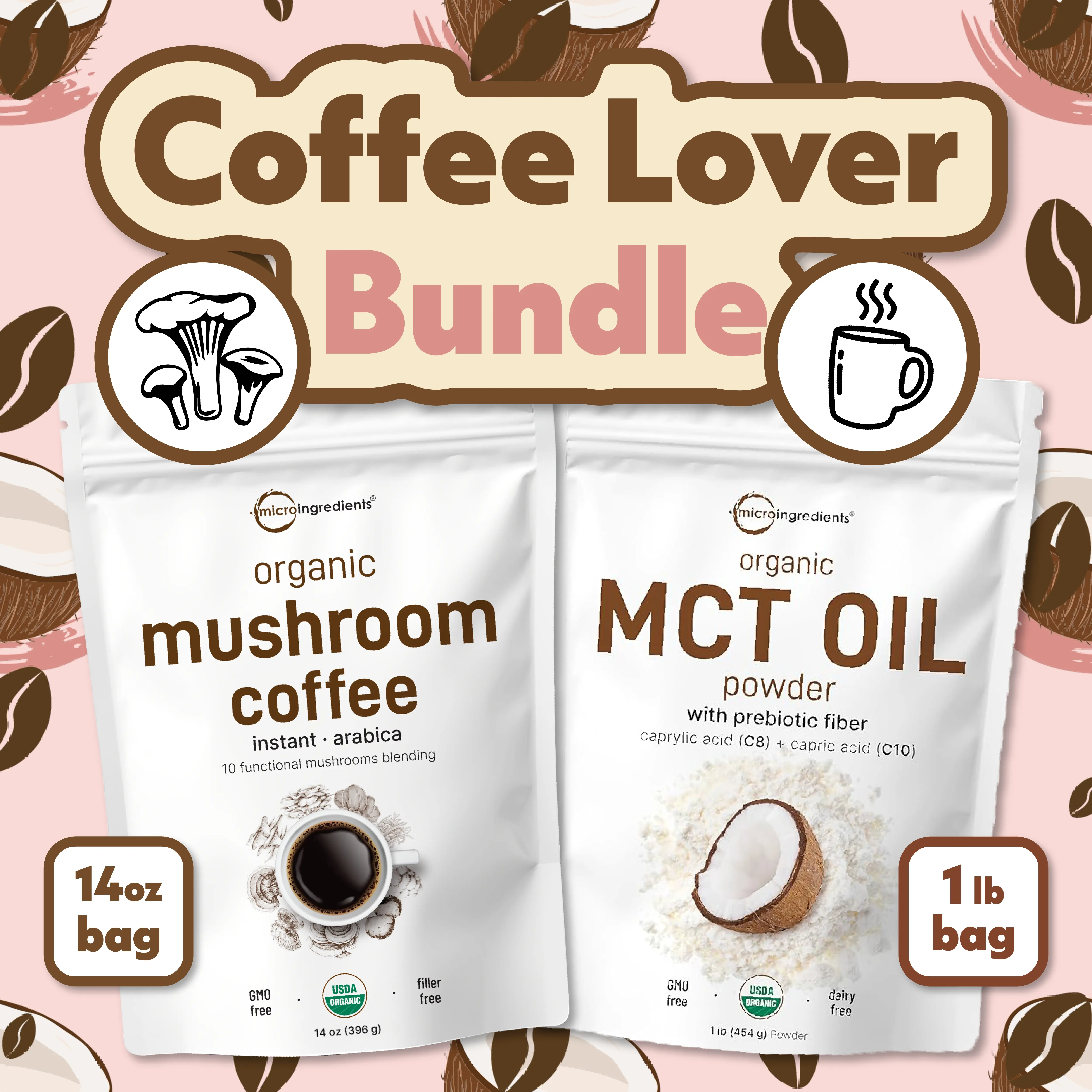 Micro Ingredients Coffee Lover Bundle: Organic Mushroom Coffee 14OZ & MCT Oil Powder 1LB Micro Ingredients Coffee Lover Bundle: Organic Mushroom Coffee 14OZ & MCT Oil Powder 1LB