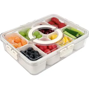 Transparent Plastic Stackable Divided Serving Tray with Lid and Handle, 8 Compartment Snack Organizer for Fruit, Candy, Nuts and Veggies Meal Prep Containers Board