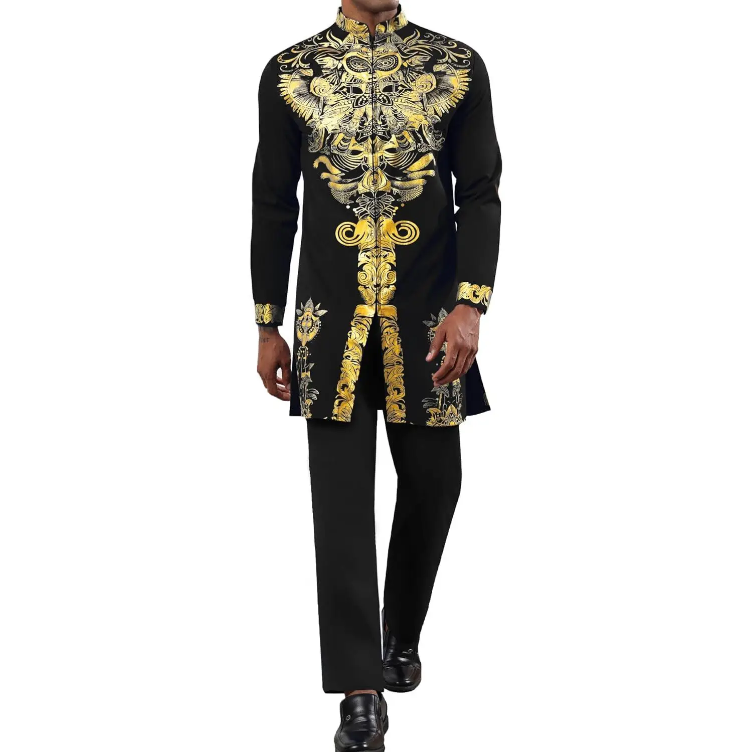 Mens African 2 Piece Set Zipper Nigerian Dashiki Metallic Shirt and Pants Outfit Gold Stamp Printed Long Suit