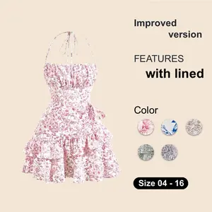Summer Pink Allover Floral Print Ruffle Trim Tie Backless Ruched Bust Halter Dress Casual Womenswear