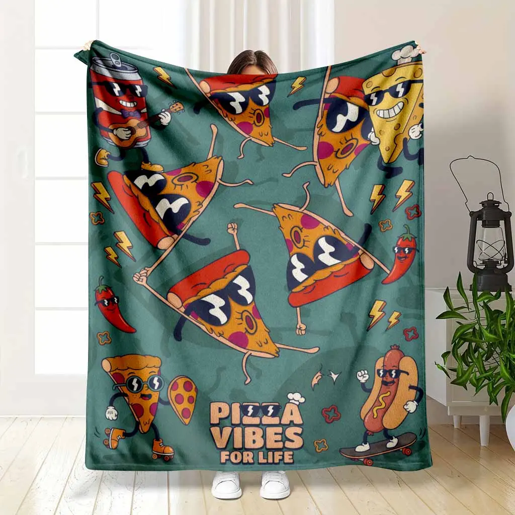 Pizza Vibes For Life Fun Foodie Cartoon Flannel Blanket Retro 90s Style Pizza Slice Hot Dog and Soda Print Fan Gift Soft Warm Cozy Lightweight Throw Ideal for Dorm Movie Night Sofa Bedroom Decor Use