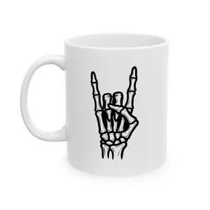 Skeleton Hand Rock On Mug | Skull Hand Coffee Cup | White | 11 oz