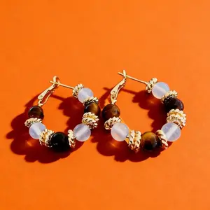 Hypoallergenic Gold Tiger's Eye & Moonstone Hoop Earrings for Women, Vintage Beaded Twist Hoop Studs, Perfect Gift for Birthday, Anniversary, Valentine's Day, Daily Wear, Office & All Occasions