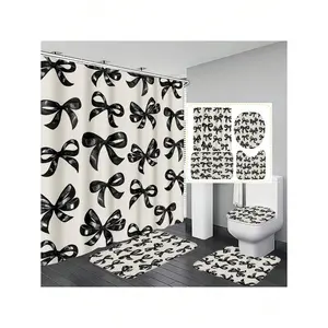 1pc/4pcs Black Bow Decor Bathroom Waterproof Shower Curtain With 12 Hooks, Non-Slip Bath Mat, U-Shaped Toilet Mat And Round Toilet Lid Cover, Bathroom Set For All Scenarios