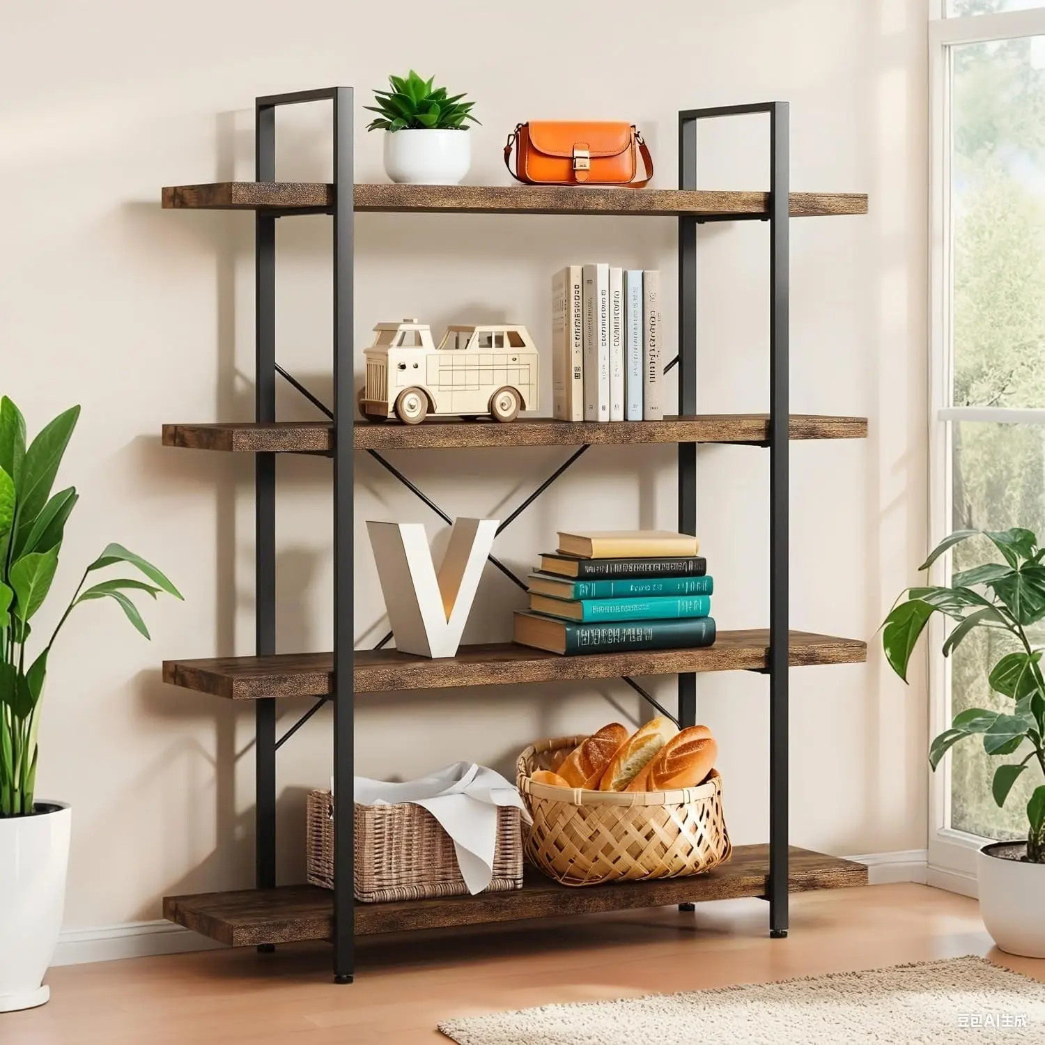 Industrial 4-Tier Wooden Bookcase - 47.25"l x 12.68"w Steampunk Commercial Office Furniture, 120lbs (above 25 kg) Capacity, Reinforced Cross-Bracing, Rugged Aesthetic, Adjustable ft, Assembly Required Open Shelving Unit for Office, Adjustable Feet, Booksh