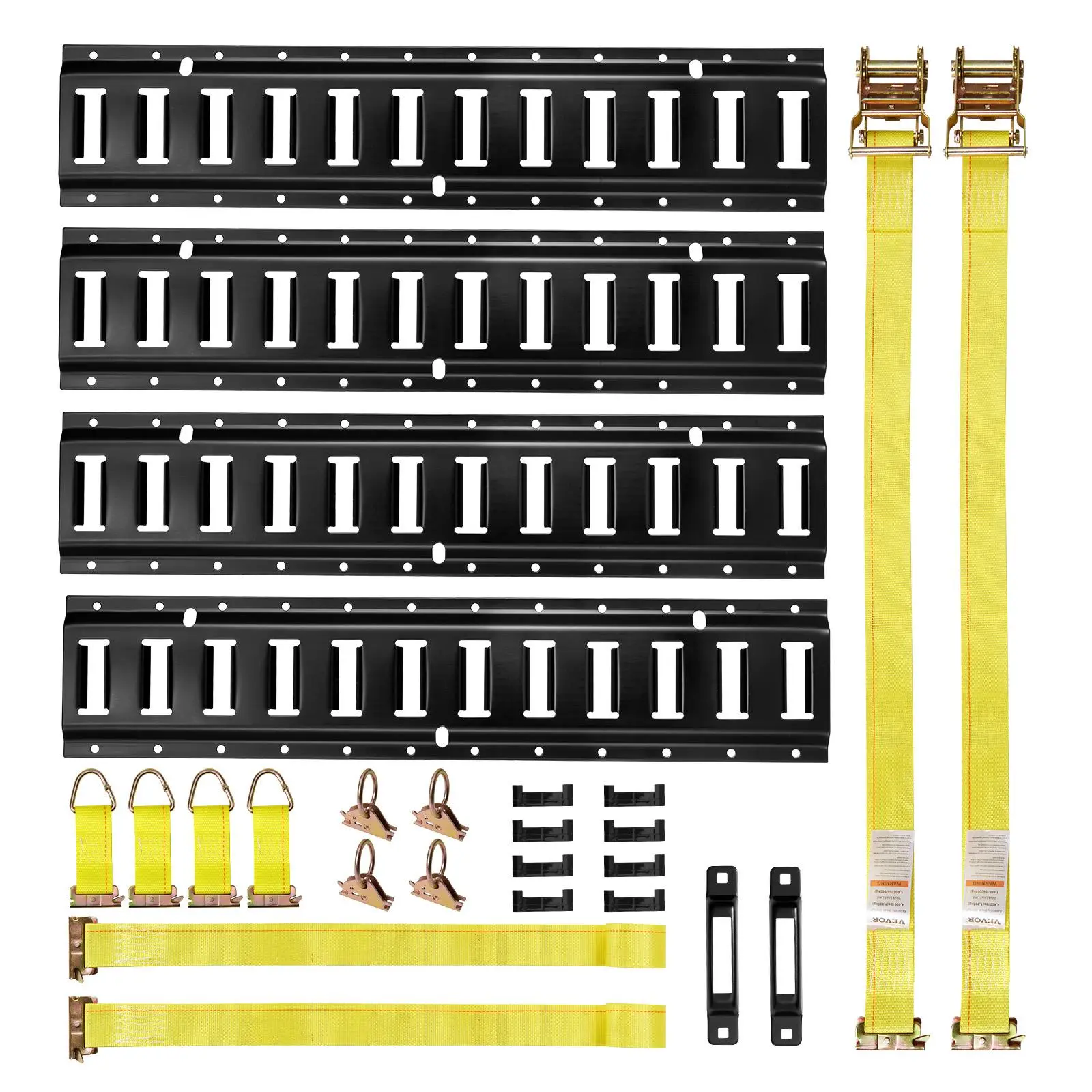 【Summerfinds】VEVOR E-Track Tie-Down Rail Kit4 Pack 2 ft E Track Rails20 Pcs Includes 2 Ratchet Straps & 4 O-Rings & 4 Tie-Offs with D-Ring & 2 Single Slots & 8 End CapsFit for Garages Vans Trailers