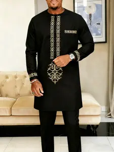 2 Piece Men's Suit Muslim Style Round Neck Long Sleeve Embroidery Design Kaftan African Men's Casual Suit Wedding Holiday Party Business Ramadan Gift Men's Traditional Clothing