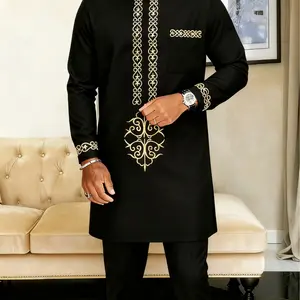 2 Piece Men's Suit Muslim Style Round Neck Long Sleeve Embroidery Design Kaftan African Men's Casual Suit Wedding Holiday Party Business Ramadan Gift Men's Traditional Clothing