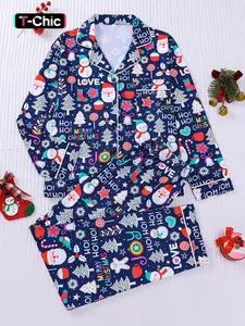 2-piece set of Christmas letters, snowman, Santa Claus socks, Christmas tree print, long sleeved pants, soft and comfortable, skin friendly and smooth top, small pocket, button closure, elastic waistband, suitable for all seasons, home decor, casual wear,