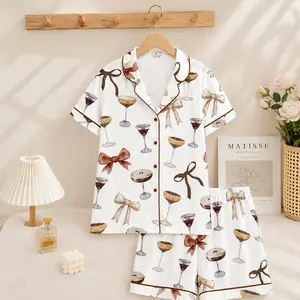 Women’s Satin Pajama Set Espresso Martini Print, Coquette Bow Short Sleeve Button Up Sleepwear, Soft Breathable Lounge Set for Summer