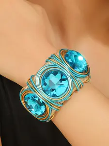 Sky Blue Boho Style Cuff Bracelet, 3 Large Crystal Embedded Aluminum Wire Twist Open Handband, Mother's Day Party Accessory