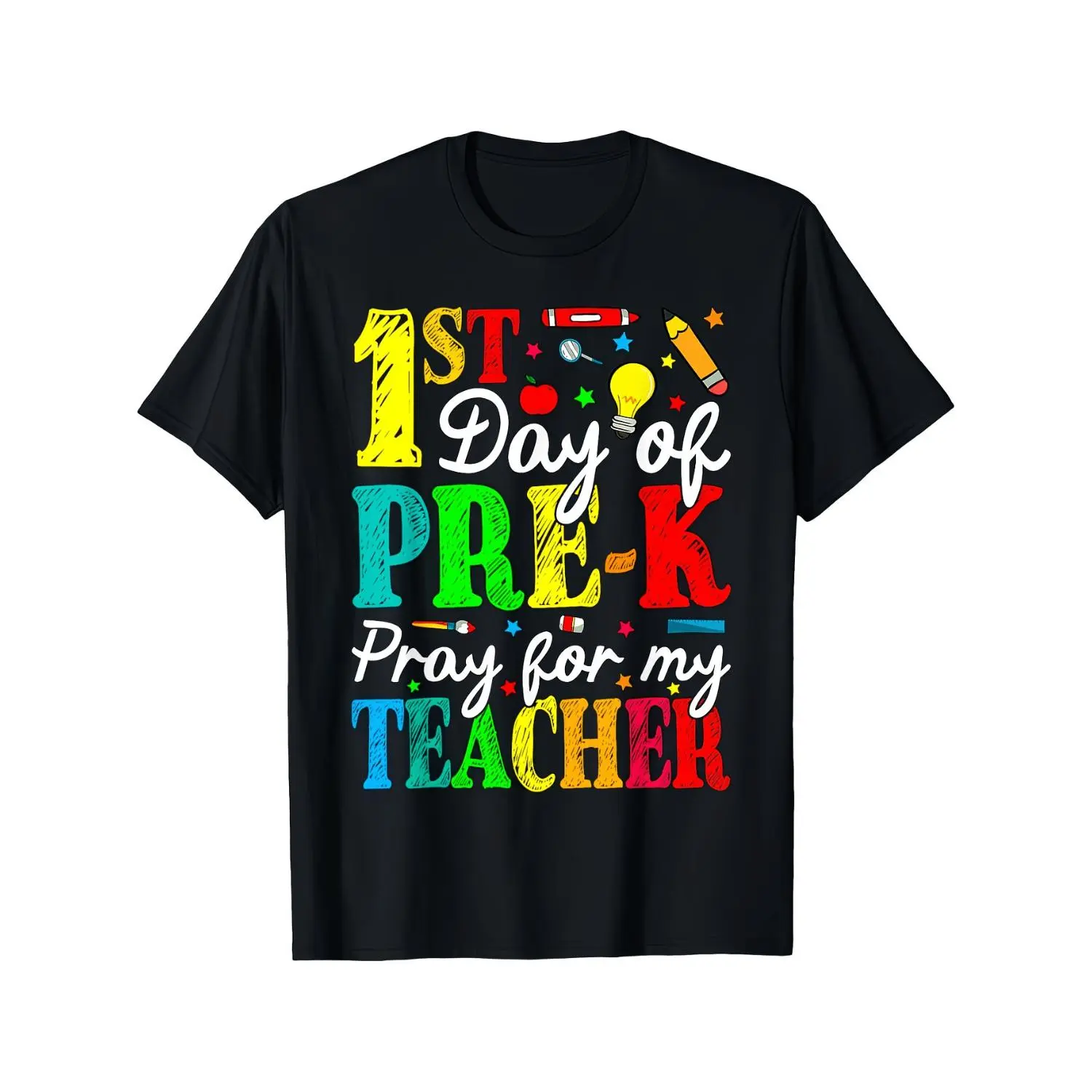 First Day of Preschool Unisex Cotton T-shirt Pray for My Teacher Back to School Gift Short Sleeve Crew Neck Tee Daily Outfit Teacher Appreciation Preschool Uniform Machine Washable Unisex for Boys and Girls