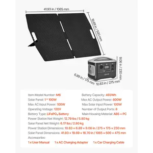 VEVOR Portable Power Station with 100W Solar Panel, 600W Solar Generator Power Station, 493Wh LiFePO4 Battery Backup with 8 Output Ports for Home Emergency, Outdoor Camping, RV Travel