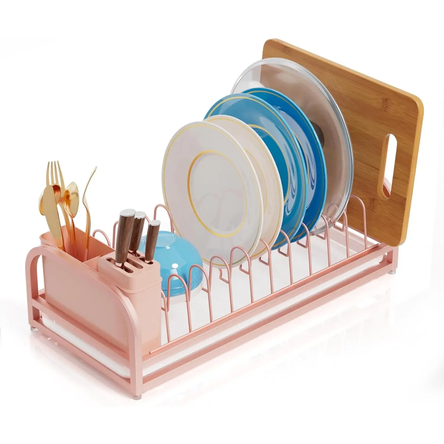 Pink Dish Rack - Small Dish Drying Rack for Limitied Kitchen Counter, Narrow Stainless Steel Dish Drainer w Tray, Cutlery Holder, Cute Kitchen Appliances Organizer for A Lovely You