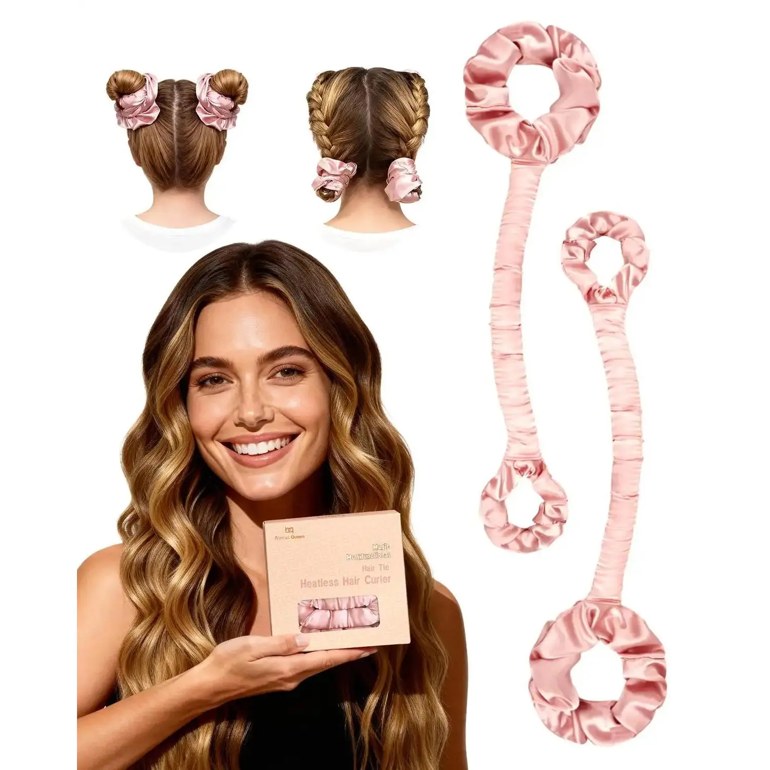 BONNET QUEEN Heatless Hair Curler, 2-Piece Medium Satin Rollers for Overnight Bouncy Curls, Soft Sponge Hair Curling Rods with Secure Hold, Blush Pink, Curlwrap, Curling Hair Curler