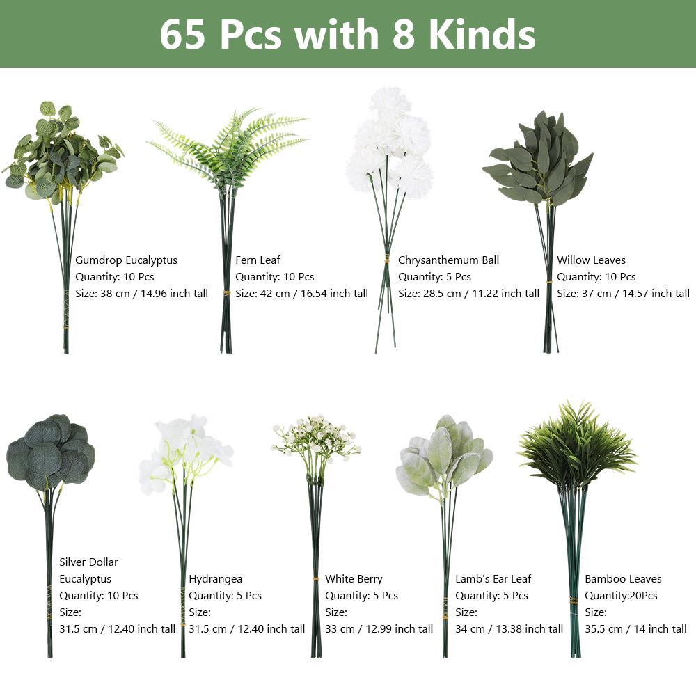 Artificial Greenery Stems Box Set – 65 Pcs with 8 Kinds of Faux Greenery Branches, Fake Eucalyptus for Wedding DIY Bouquets, Floral Arrangement, Table Centerpieces & Home Decor
