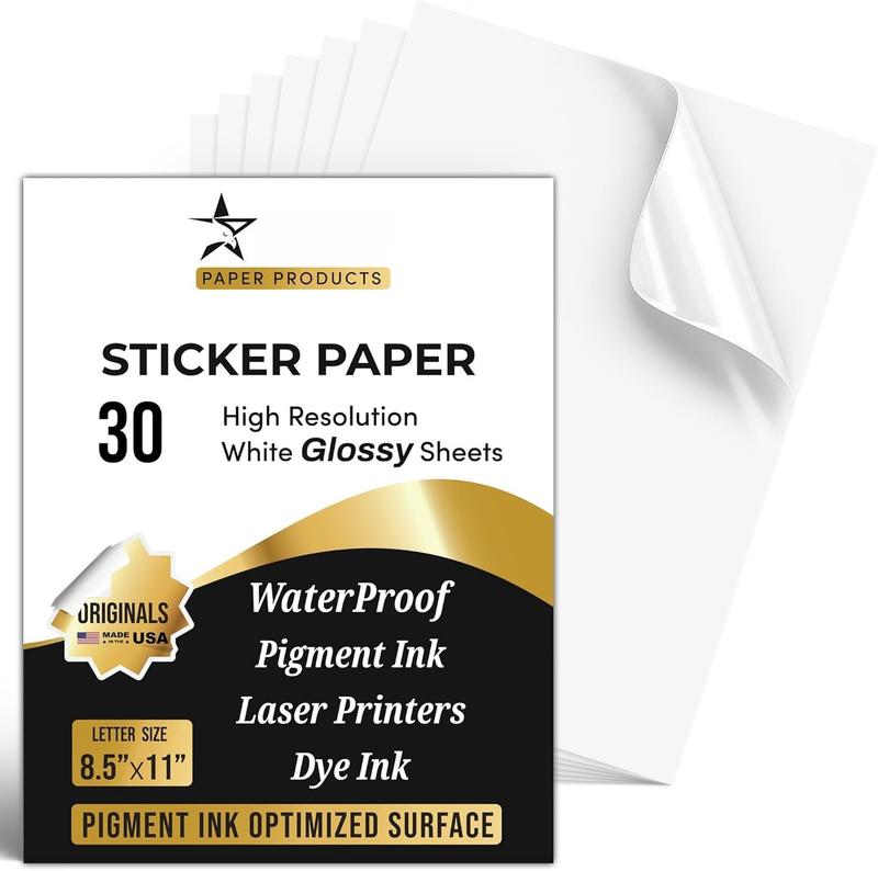 30 Glossy Sticker Sheets 8.5 x 11, Printable Glossy High Resolution Paper for Inkjet Printer (Dyes or PIGMENTS), Papel Adhesivo Brillante  para Stickers and Labels.
