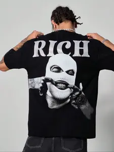 Men's Rich & Mask Print Round Neck Tee, Regular Fit Casual Short Sleeve Crew Neck T-Shirt for Summer, Fashion Men's Top for Daily Wear, Tropical, Streetwear, Menswear