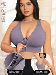 Plus Size 1-4XL Women's Front Zip Backless Sports Bra, Criss Cross Shoulder Straps, Medium Support, Yoga Workout, Casual Daily Wear
