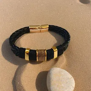 Black Braided Leather Bracelet with Gold Accents and Magnetic Clasp for Men and Women