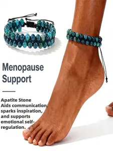 Natural Apatite Menopause Support Anklet & Bracelet, Hand-Woven Adjustable Blue Crystal Jewelry, Spiritual Accessory for Women