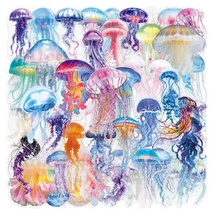 50 Cute Jellyfish Painted Graffiti Stickers in Transparent PET Material. Suitable for Luggage, Phone Cases, Laptops, Helmets, Skateboards, Waterproof Decorations, DIY Creative Stickers.