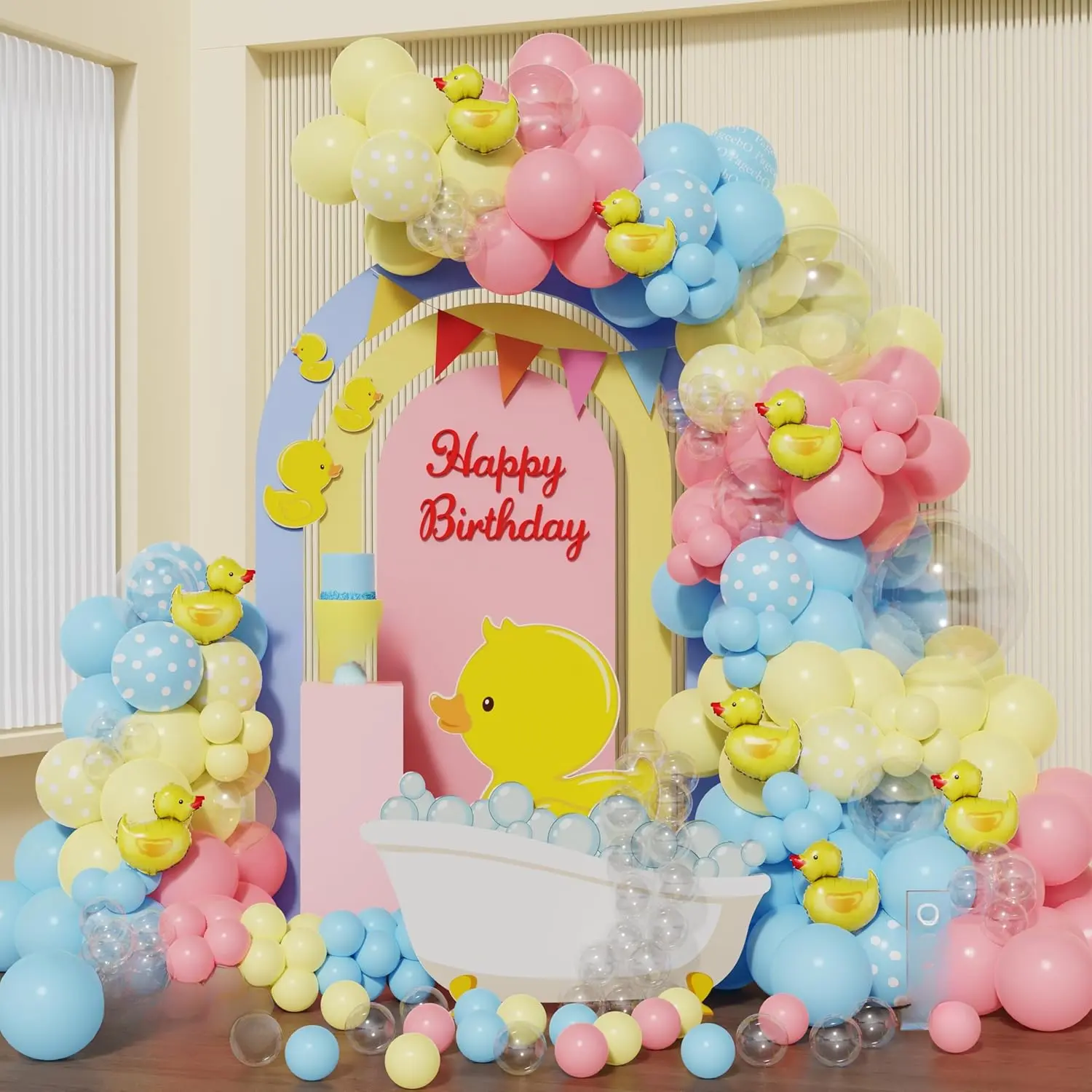 Lucky Yellow Duck Balloon Arch Garland Kit, 157 count Pink and Blue Polka Dot Latex Balloons with Rubber Duck Foil Balloons for Gender Reveal Birthday Wedding He or She Party Decorations