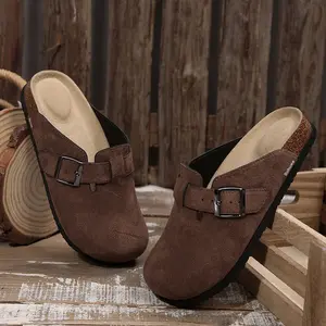 Women's Casual Half Head Slippers Suede Clogs Adjustable Buckle Mules Potato Shoes with Comfort Cork Footbed