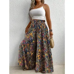Plus Size Fashion Plus Size Floral Printed Wide Leg Casual Vacation Pants Fall Cloth For Women(Sheet)