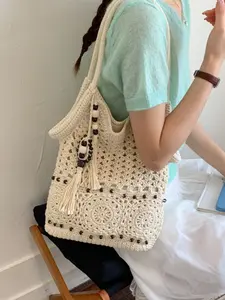 Handmade Crochet Colorblock Tote Bag, Hollow Out Large Capacity Shoulder Bag, Vintage Forest Style Handbag, Breathable Casual Shopping Bag