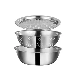 Stainless Steel Food Grade 3-Piece Colander Set Drain Basin Cutting Board Multi-Functional Shredder with Strainer for Potatoes Vegetables Rice Washing Kitchen Utensils Sieve, Household Kitchen Supplies