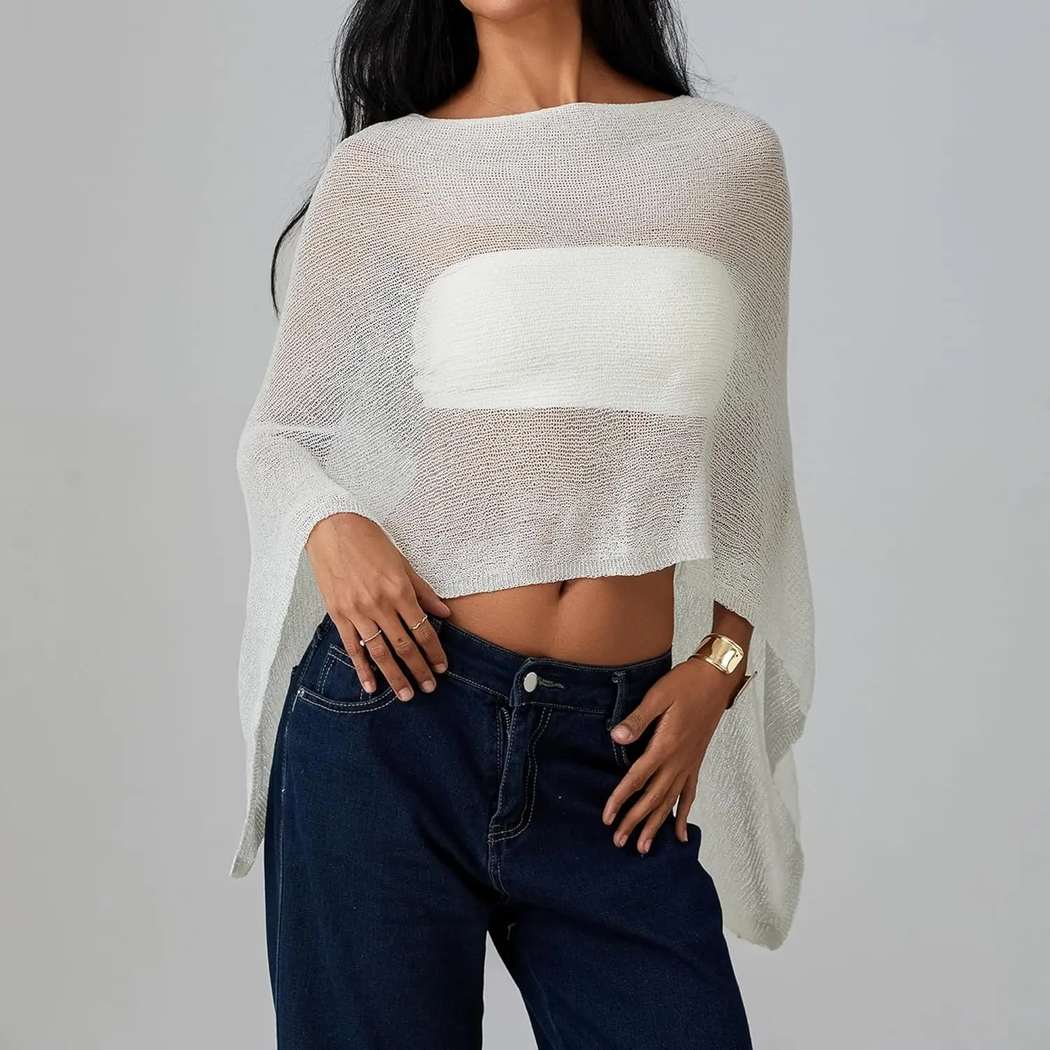 Women's Sheer Knit Poncho Top, Asymmetric One-Shoulder Lightweight Sweater Poncho, Casual Loose Fit Transparent Beach Cover Up
