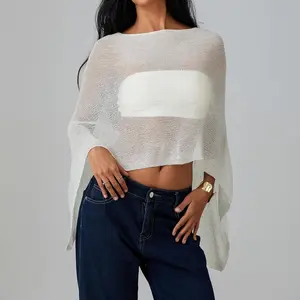 Women's Sheer Knit Poncho Top, Asymmetric One-Shoulder Lightweight Sweater Poncho, Casual Loose Fit Transparent Beach Cover Up