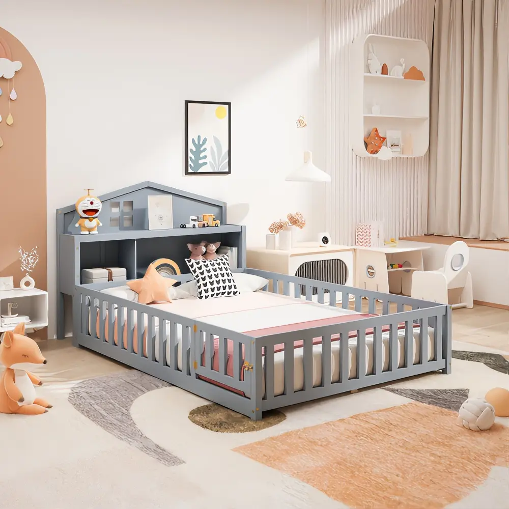 Full-size Montessori Floor Bed with Bookcases and Blackboards, Versatile Platform Beds with Guard rails, Solid Wood Floor Beds with Storage Headboards