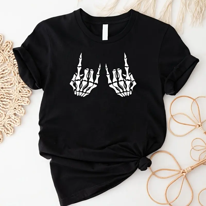 Skeleton Hand Sign Graphic Tee For Women Black Halloween Streetwear Cute Trendy Oversized Crewneck Short Sleeve Casual Soft Cotton Shirt For Fall Outfit