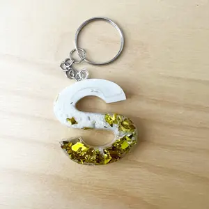 Resin Alphabet Keychain White Pearl Gold Glitter