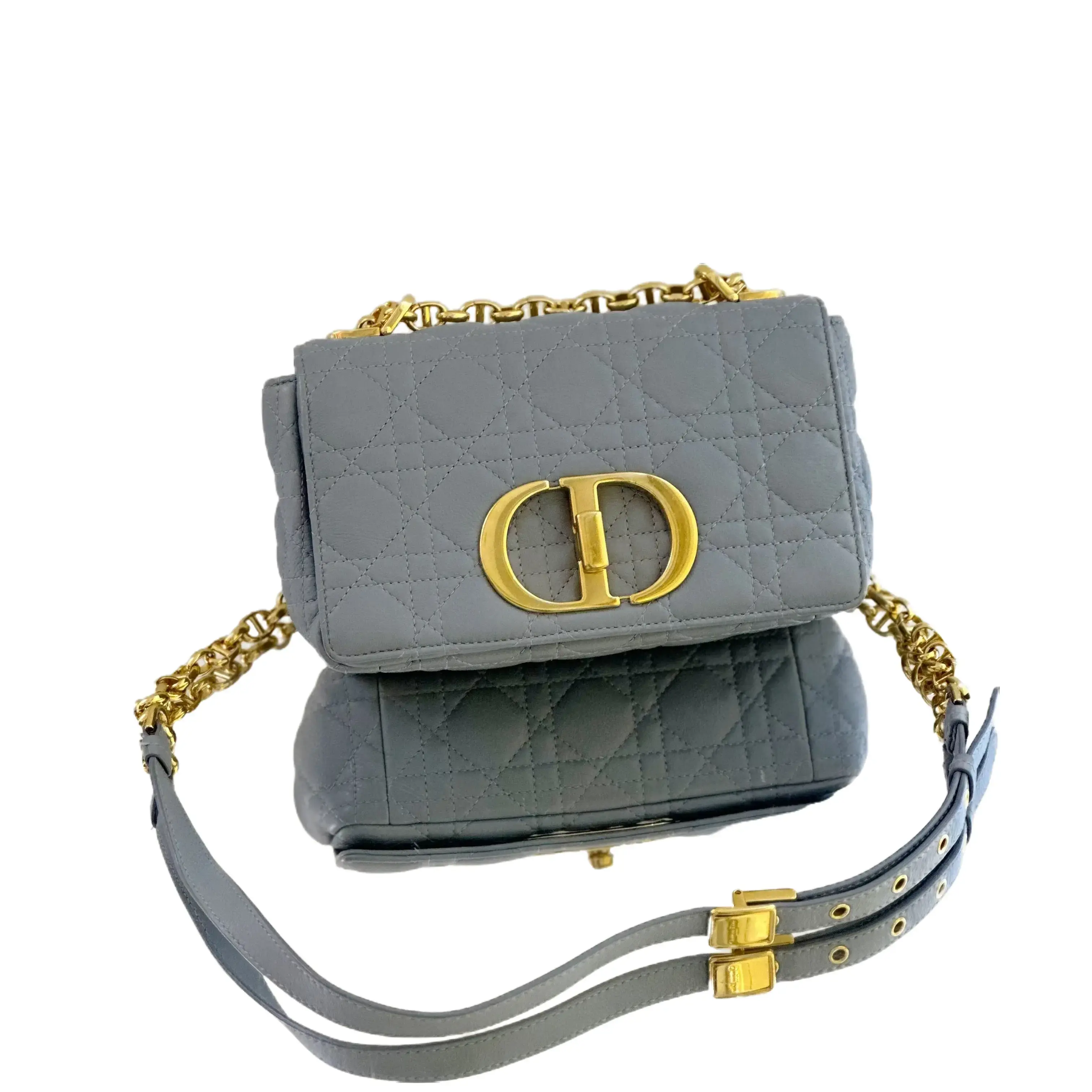 Pre-owned leather Crossbody Medium Dior Caro Bag – Cloud Blue Cannage Calfskin with Gold Finish Hardware