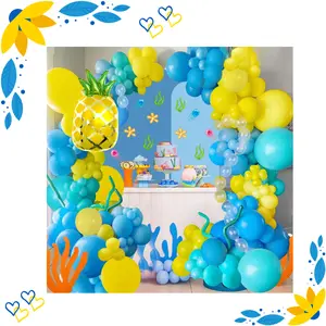 144PCS Cartoon Sponge Balloon Garland Kit – Blue Yellow Clear Balloons for Sponge-Themed Birthday, Baby Shower, Party Decorations & Arch Backdrop Supplies