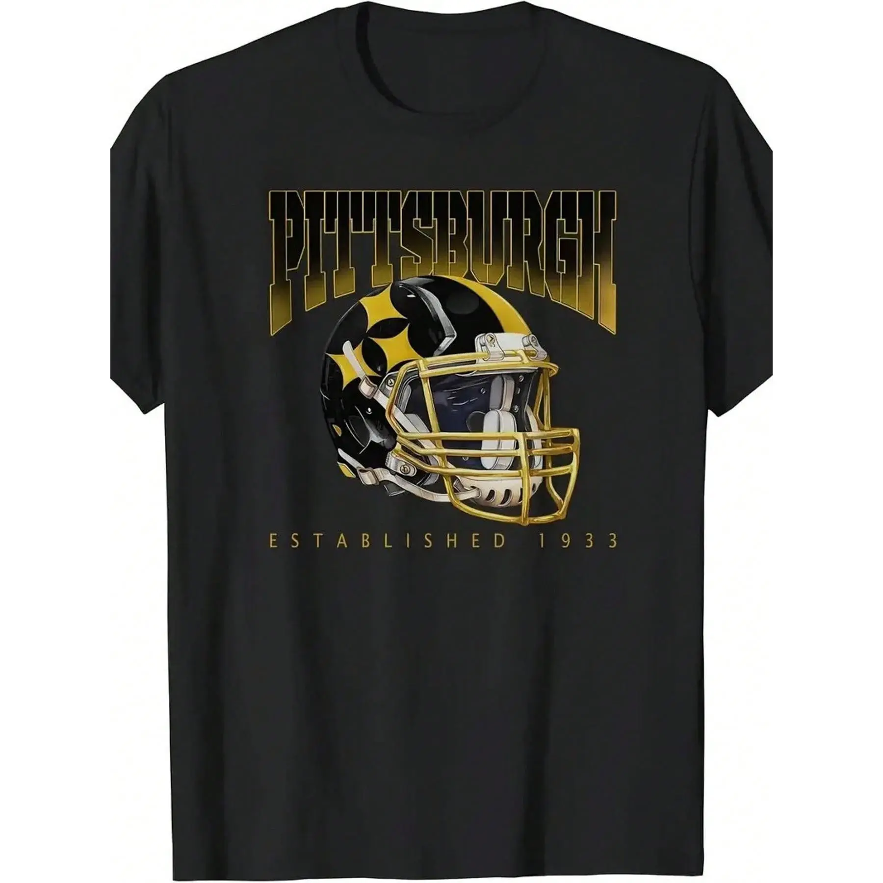 1 Piece, 100% Cotton, Pittsburgh T-Shirt, Black Gold Football Helmet Pattern Printed T-Shirt, Seasonal Casual Men's T-Shirt, Round Neck Cotton Short Sleeve T-Shirt, Sports Outdoor T-Shirt, Christmas Thanksgiving Gift, Affilante.