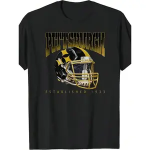 1 Piece, 100% Cotton, Pittsburgh T-Shirt, Black Gold Football Helmet Pattern Printed T-Shirt, Seasonal Casual Men's T-Shirt, Round Neck Cotton Short Sleeve T-Shirt, Sports Outdoor T-Shirt, Christmas Thanksgiving Gift, Affilante.