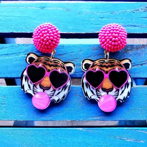 #58 Fierce & Fun Tiger Earrings | Handmade Acrylic Statement Earrings with Beadwork | Bubblegum Tiger Jewelry | Funky Animal Earrings for Her