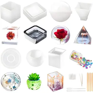 20Pcs Silicone Resin Molds Kit, Epoxy Resin Molds Including Sphere Cube Pyramid Square Round for DIY Art Coasters Candles, Bonus Decorative Sequins Complete Set