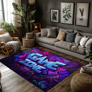 Neon Purple Blue Game Zone Graffiti Crystal Velvet Area Rug Non-Slip Gaming Room Rug #GameZoneRug #GamerRoomDecor #NeonGraffitiRug #BrickWallCarpet #CrystalVelvetRug